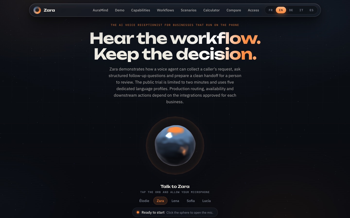 Zara multilingual voice agent public sandbox interface