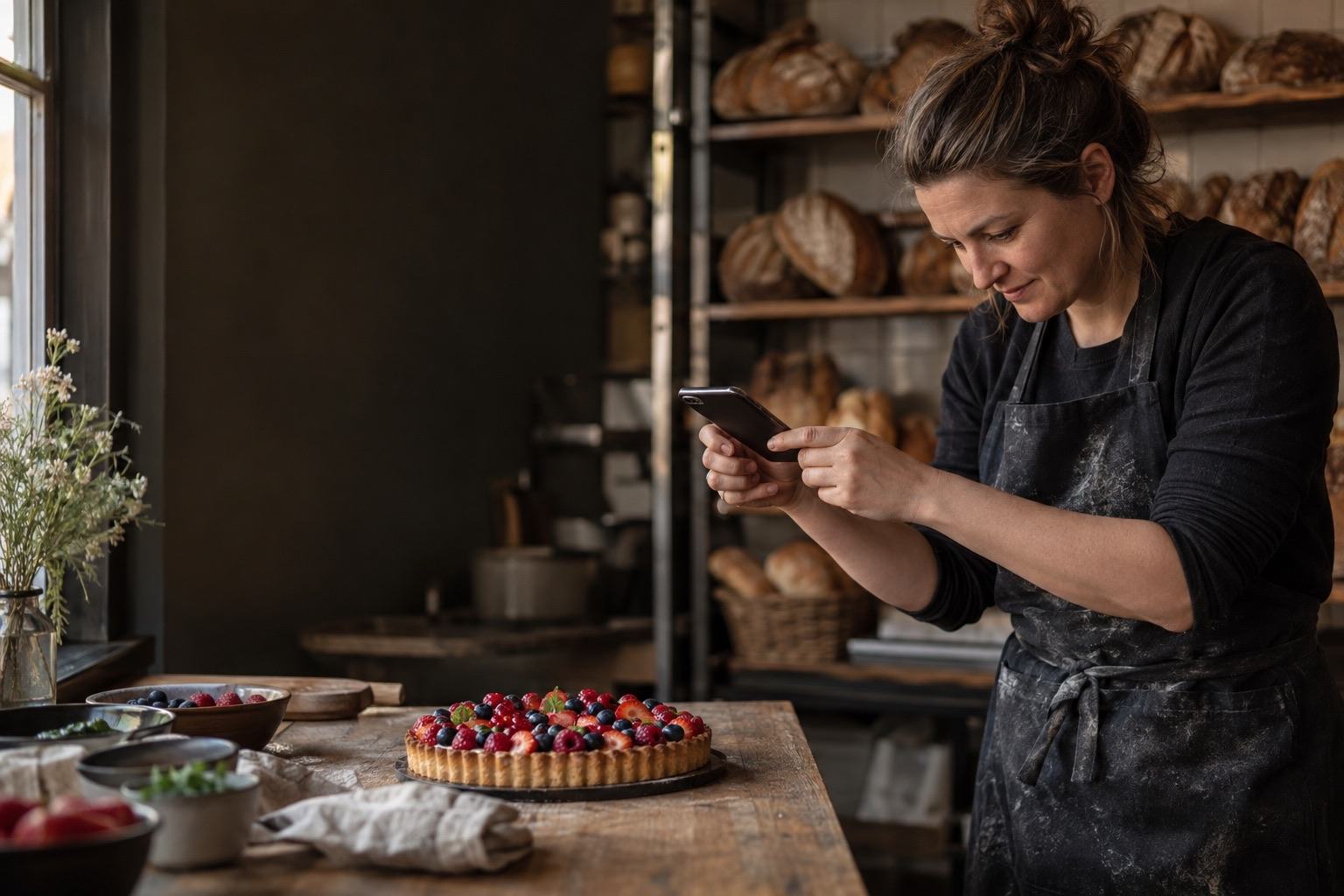 A baker photographs a fresh fruit tart with her phone