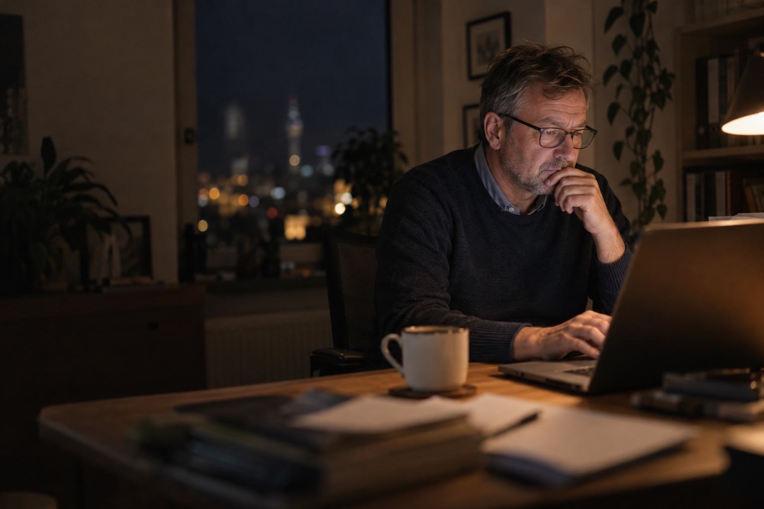 Ein Hausverwalter liest spät am Abend eine Anfrage auf seinem Laptop