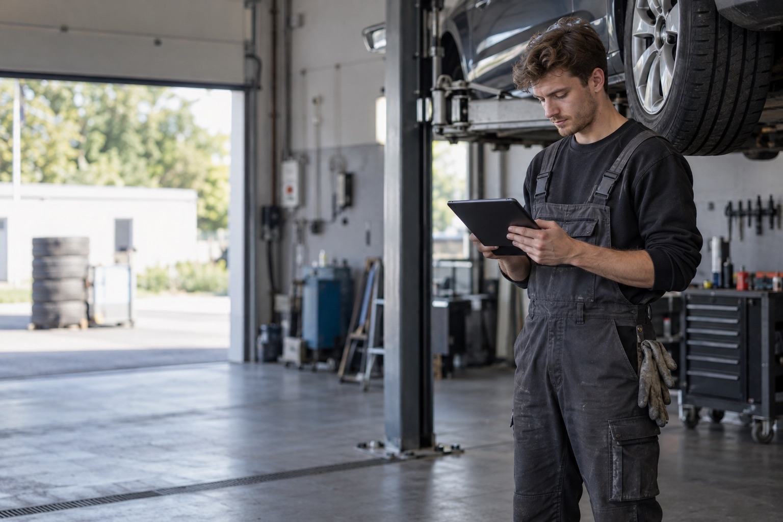 Ein junger Mechaniker liest eine Antwort auf einem Tablet in der Werkstatt